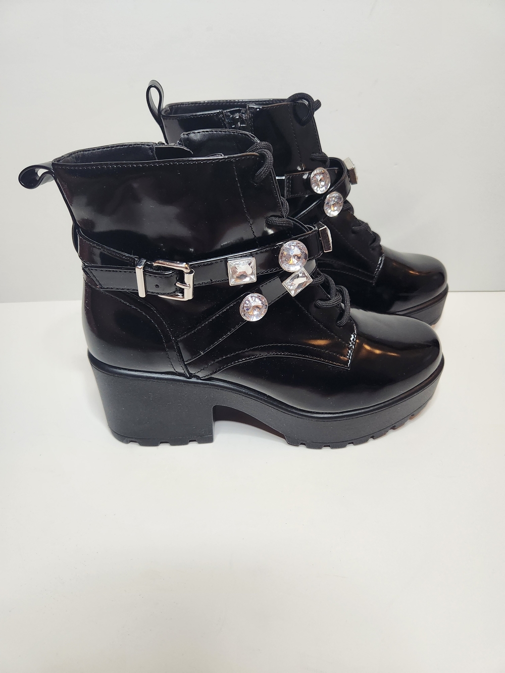 GB Girls Patent Black Gem-Embellished Ankle Boots